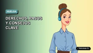 Ilustración plana corporativa de una trabajadora remota con blusa azul y pelo recogido, sobre fondo degradado azul verdoso, para guía legal sobre huelgas en Chile.