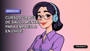 Ilustración plana de mujer profesional feliz, fondo gradiente lila y azul, representando cursos SENCE de salud mental para empresas.