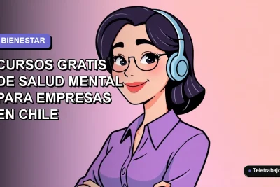 Ilustración plana de mujer profesional feliz, fondo gradiente lila y azul, representando cursos SENCE de salud mental para empresas.