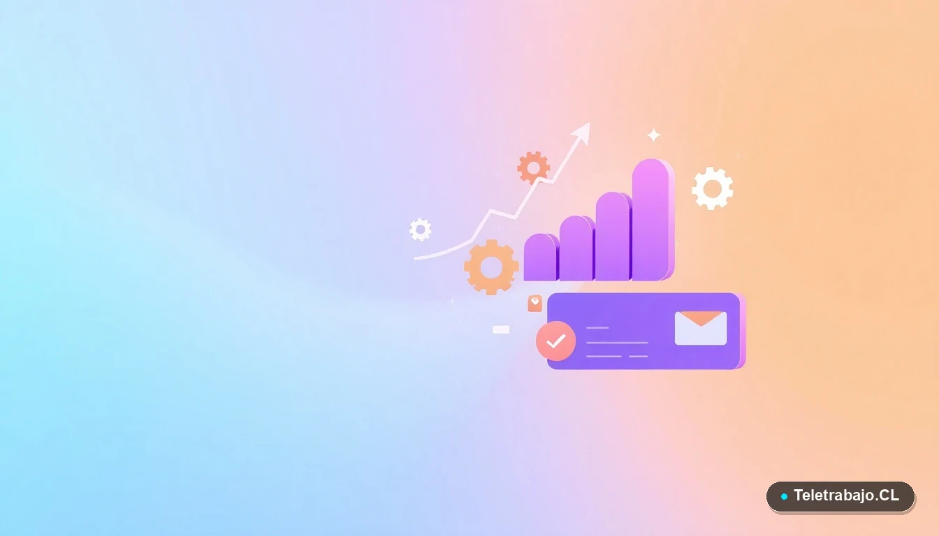 Elementos de interfaz abstractos: gráficos, engranajes y carpetas flotantes, representando capacitación y gestión de cursos SENCE.