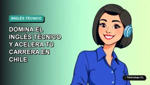 Ilustración plana de una mujer profesional chilena sonriente, con blusa azul y corte bob, sobre fondo degradado verde azulado. Representa el dominio del inglés técnico para acelerar carreras profesionales en Chile.