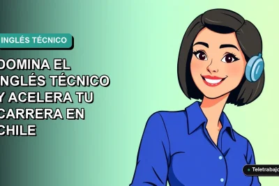 Ilustración plana de una mujer profesional chilena sonriente, con blusa azul y corte bob, sobre fondo degradado verde azulado. Representa el dominio del inglés técnico para acelerar carreras profesionales en Chile.