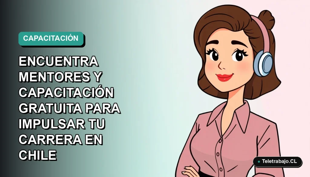 Ilustración plana de mujer profesional chilena sonriendo, fondo con gradiente suave de azul verdoso, concepto de mentoría y cursos SENCE.