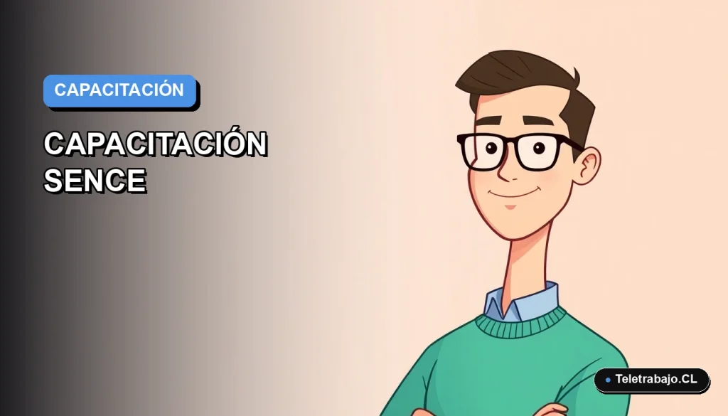 Ilustración vectorial plana moderna de un trabajador masculino sonriente, con camisa azul y suéter verde, sobre un fondo degradado azul. Representa la capacitación profesional y la empleabilidad en Chile.