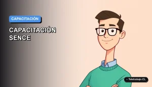 Ilustración vectorial plana moderna de un trabajador masculino sonriente, con camisa azul y suéter verde, sobre un fondo degradado azul. Representa la capacitación profesional y la empleabilidad en Chile.