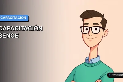 Ilustración vectorial plana moderna de un trabajador masculino sonriente, con camisa azul y suéter verde, sobre un fondo degradado azul. Representa la capacitación profesional y la empleabilidad en Chile.