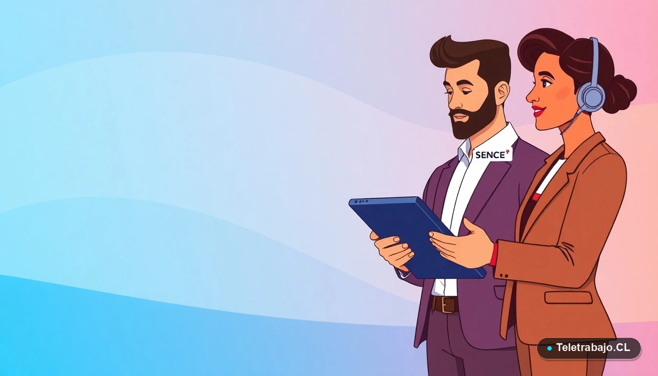 Profesionales chilenos revisando oportunidades de capacitación SENCE 2026 en una tablet digital, ilustración plana moderna.