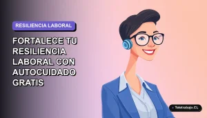 Ilustración plana vectorial de una trabajadora remota sonriente con blusa azul, sobre fondo degradado lavanda. Guía SENCE 2026 de autocuidado laboral.