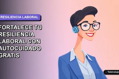 Ilustración plana vectorial de una trabajadora remota sonriente con blusa azul, sobre fondo degradado lavanda. Guía SENCE 2026 de autocuidado laboral.