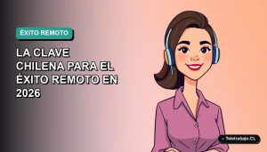 Ilustración vectorial plana de una mujer chilena trabajando remotamente, con expresión positiva, sobre un fondo degradado suave de color verde azulado.