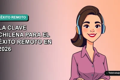 Ilustración vectorial plana de una mujer chilena trabajando remotamente, con expresión positiva, sobre un fondo degradado suave de color verde azulado.