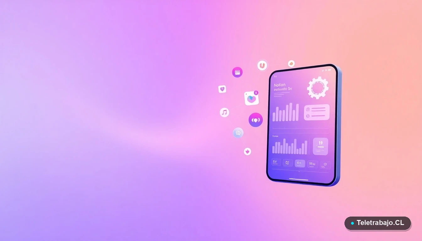 Interfaz de usuario abstracta con gráficos y engranajes flotantes sobre fondo degradado lila, concepto de tecnología y habilidades para el teletrabajo.