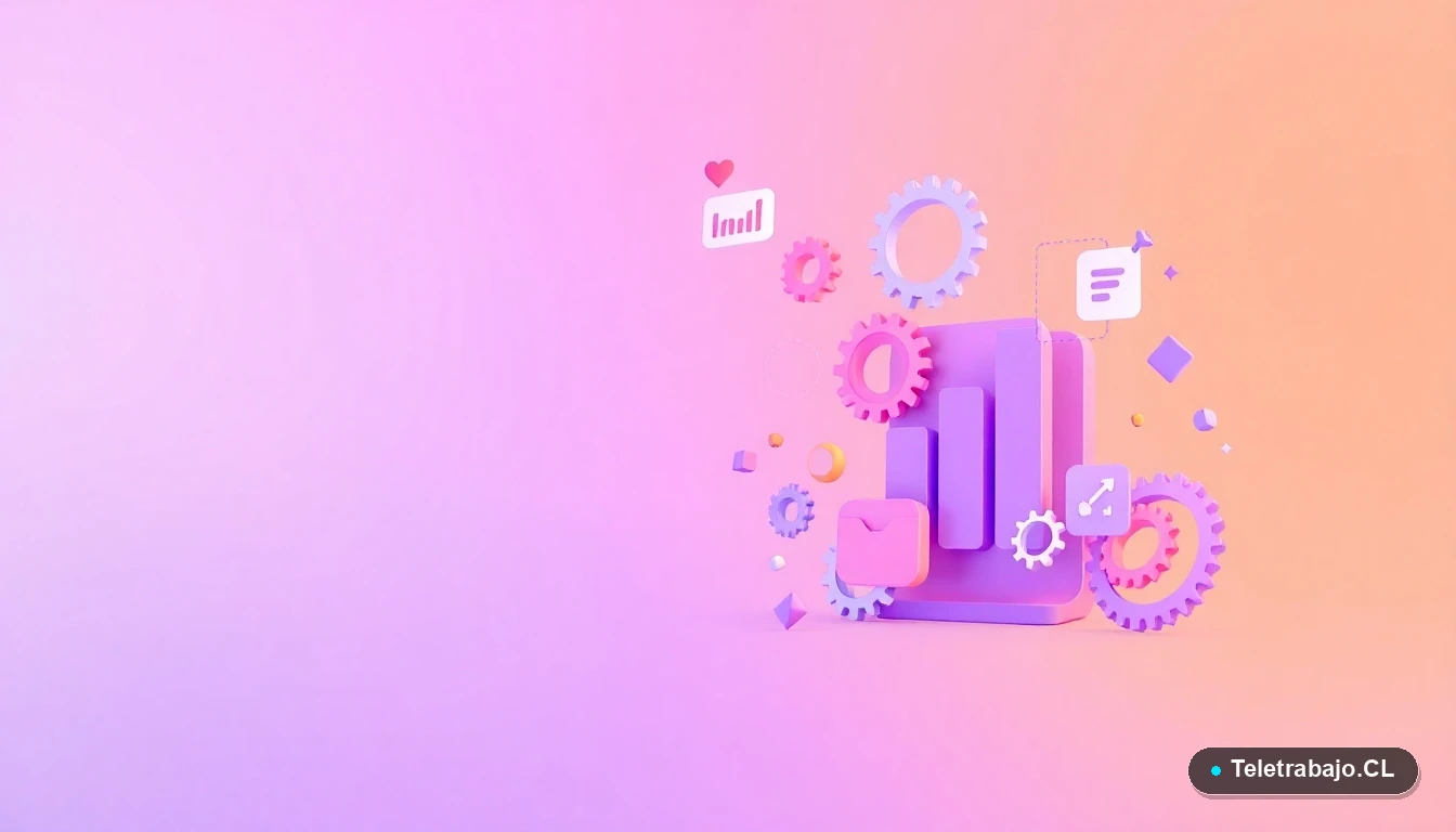 Composición abstracta de interfaz de usuario tecnológica con gráficos y iconos flotantes, sobre fondo degradado lavanda.