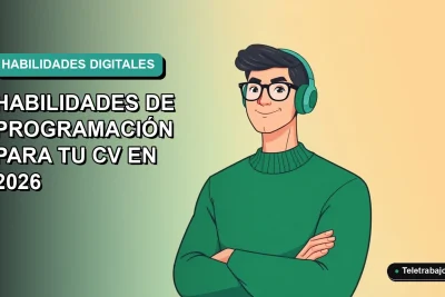 Ilustración vectorial plana de un trabajador tecnológico masculino con suéter verde, sobre un fondo degradado azul verdoso, representando habilidades de programación para currículum.