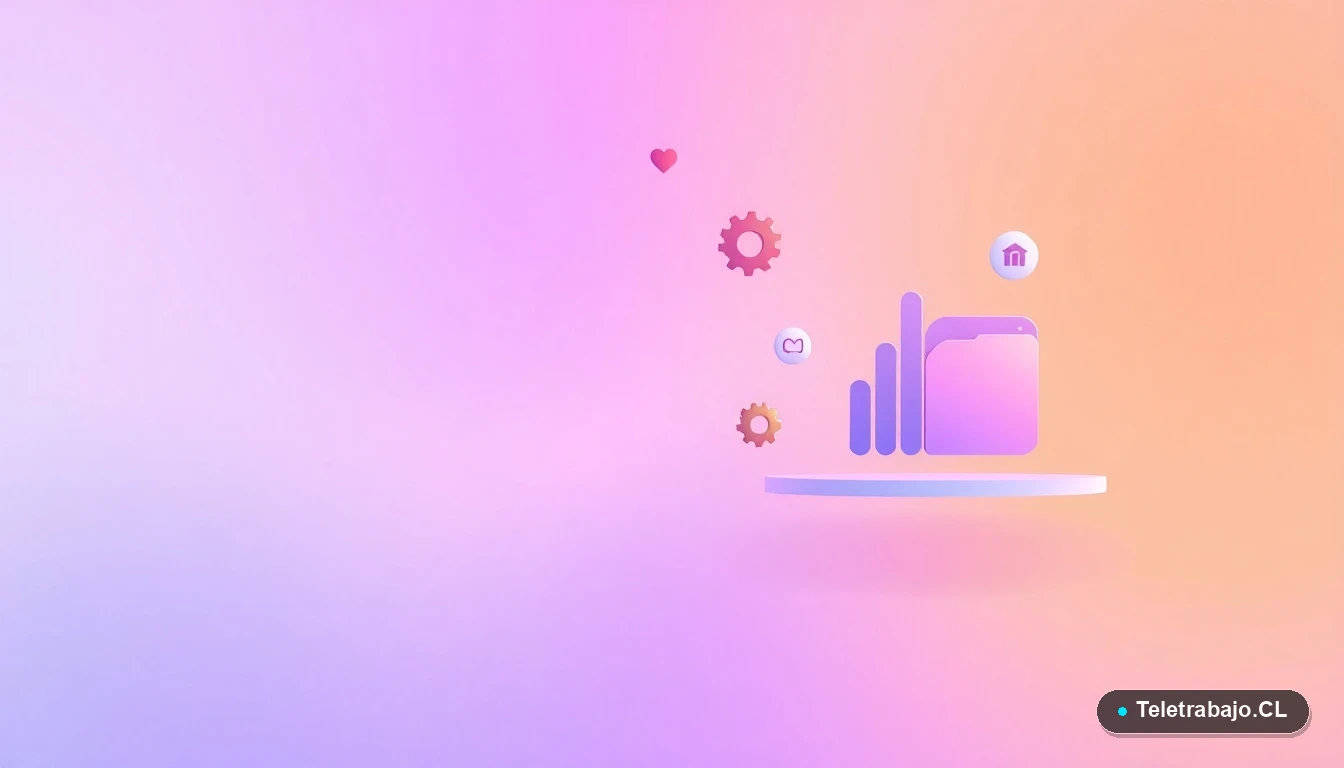 Elementos abstractos de interfaz de usuario tecnológica, con gráficos y engranajes flotantes en tonos lavanda y durazno, sobre fondo degradado.