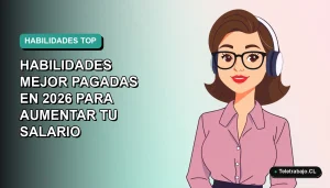 Ilustración plana corporativa de una mujer profesional de tecnología con blusa azul, sobre fondo gradiente suave vacío. Representa habilidades laborales bien remuneradas.