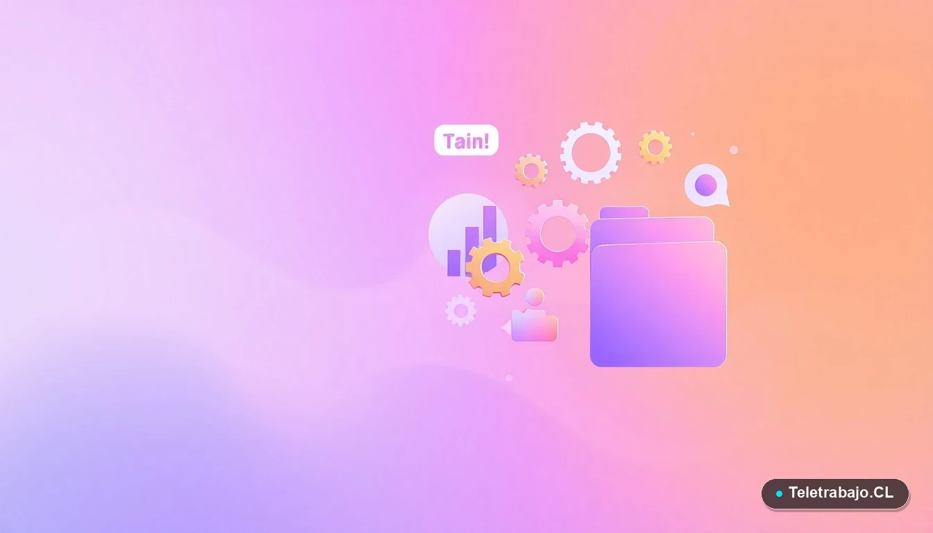 Composición abstracta de interfaz de usuario tecnológica con gráficos y engranajes flotantes en estilo ilustración plana, sobre fondo gradiente lavanda. Concepto de habilidades digitales.