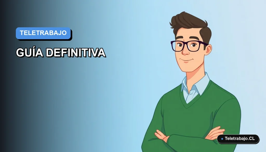 Ilustración vectorial plana de un trabajador remoto masculino con suéter verde, sobre fondo degradado azul, representando habilidades para el teletrabajo.