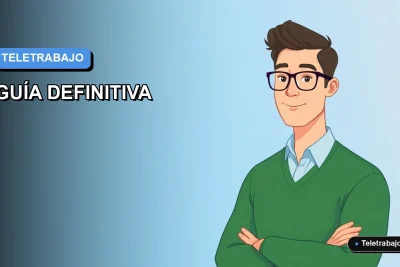 Ilustración vectorial plana de un trabajador remoto masculino con suéter verde, sobre fondo degradado azul, representando habilidades para el teletrabajo.
