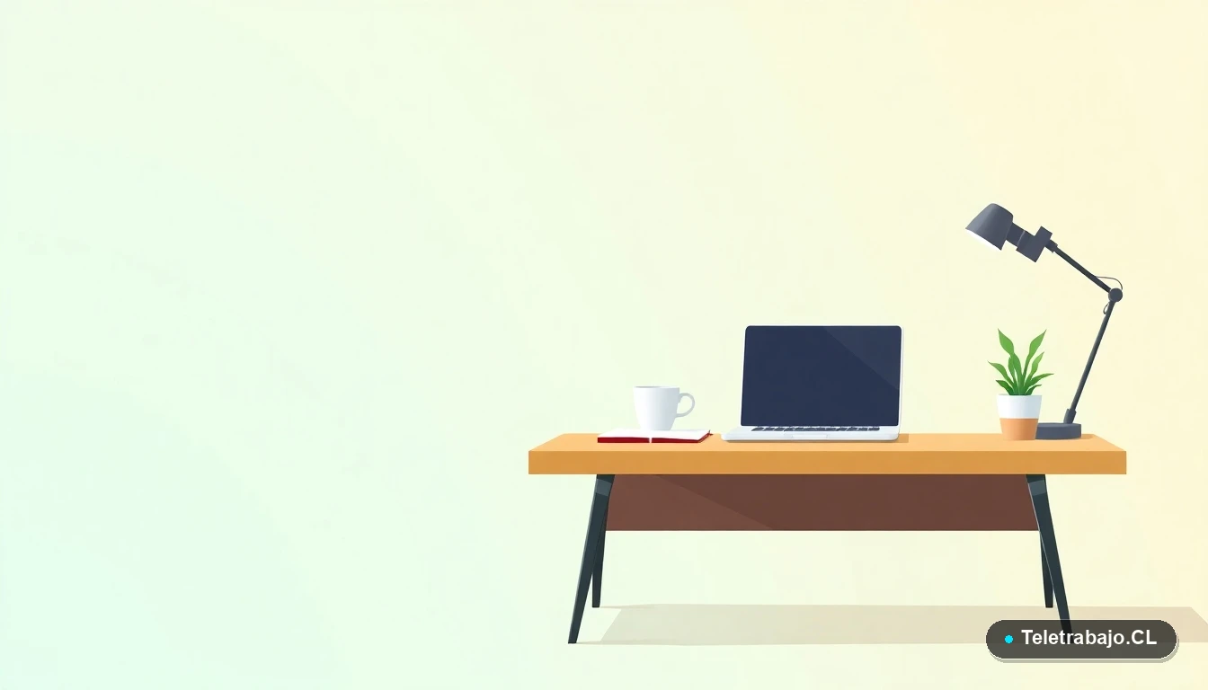 Escritorio moderno minimalista para teletrabajo con laptop, cuaderno, taza de café y planta suculenta, sobre fondo degradado verde menta.