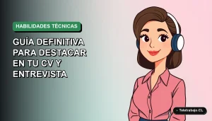 Ilustración plana vectorial de una mujer profesional chilena trabajando de forma remota, con fondo degradado suave, representando las habilidades técnicas más demandadas para el futuro laboral.