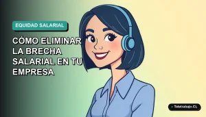 Ilustración plana corporativa de una mujer profesional chilena sonriente, con blusa azul y pelo corto, sobre fondo degradado verde azulado. Representa la herramienta IR Chile 2026 para eliminar la desigualdad de remuneración en empresas.