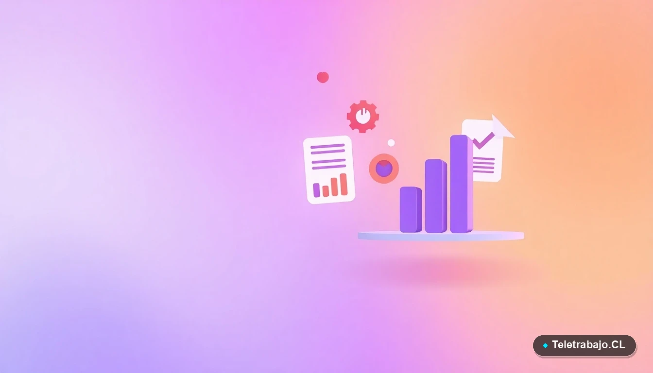 Interfaz de usuario abstracta con gráficos de barras equilibradas, un engranaje y documentos, en tonos lavanda y durazno, simbolizando el análisis y solución técnica de la herramienta IR Chile 2026 para la equidad salarial.