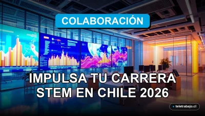 Herramientas de colaboración digital para profesionales STEM en Chile, mostradas en un entorno de oficina moderna y minimalista.
