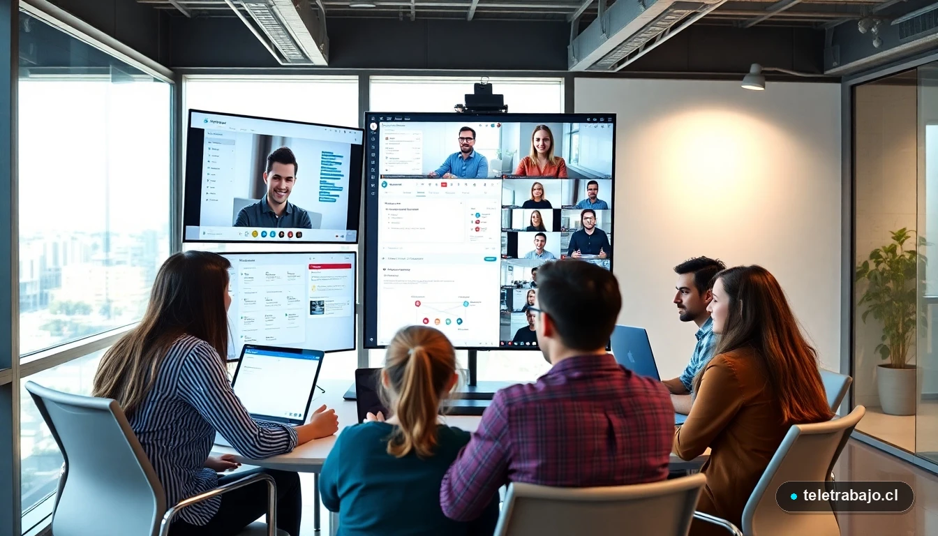 Equipo profesional en Chile utilizando herramientas de colaboración digital como Slack y Trello para trabajo remoto