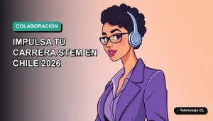 Ilustración vectorial plana de una mujer profesional de STEM trabajando de forma remota en Chile, con fondo de gradiente azul verdoso.