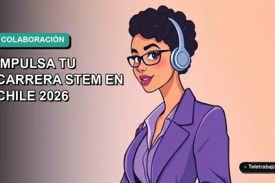 Ilustración vectorial plana de una mujer profesional de STEM trabajando de forma remota en Chile, con fondo de gradiente azul verdoso.
