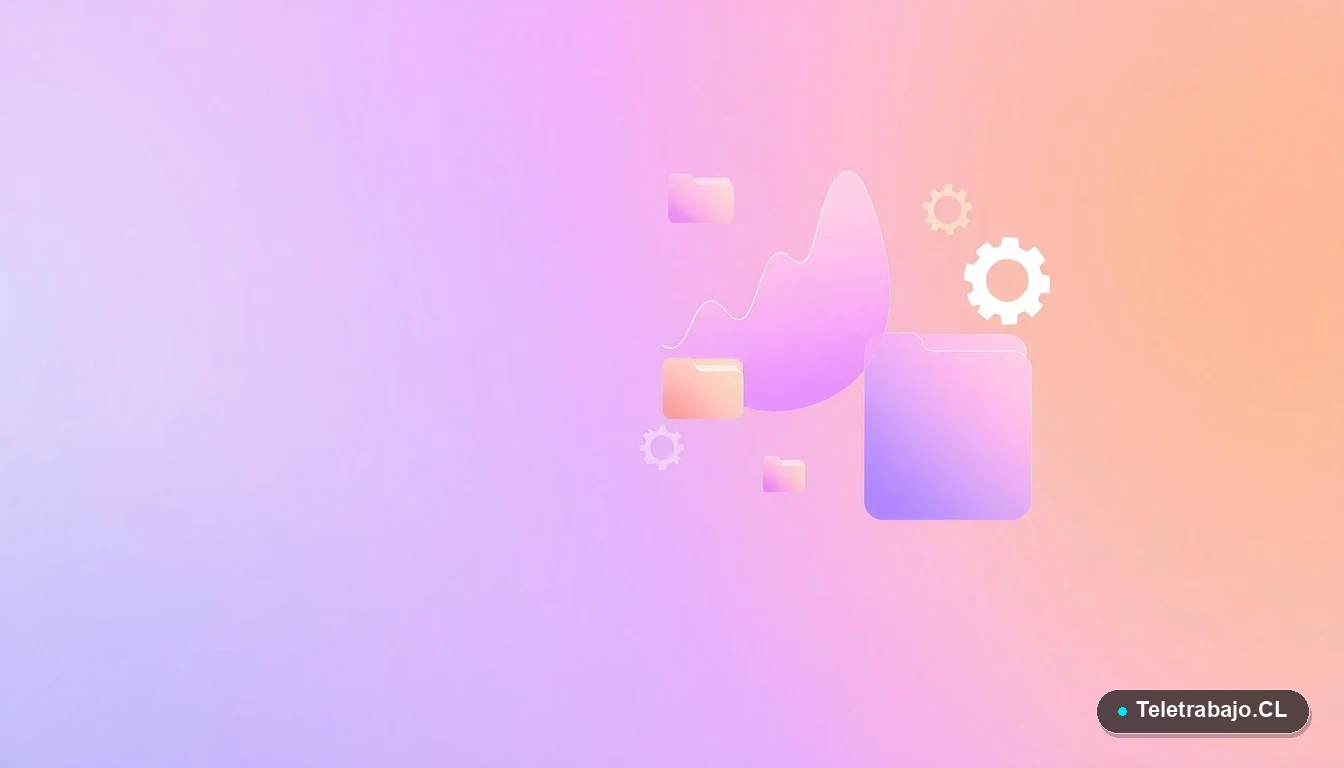 Elementos de interfaz de usuario abstractos y coloridos, como gráficos y engranajes, representando herramientas de colaboración digital.