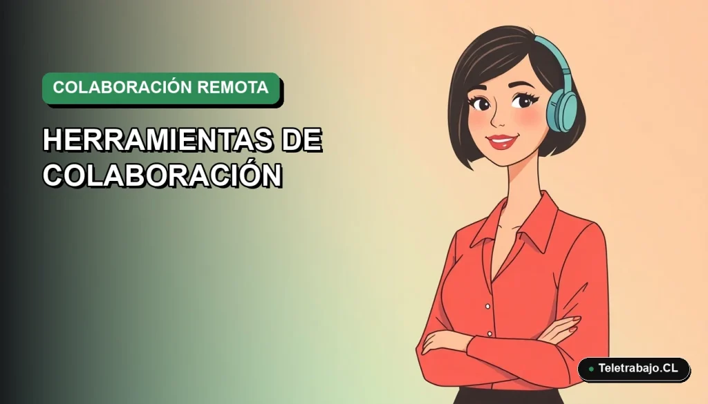 Ilustración vectorial plana de una trabajadora remota chilena sonriente, con fondo degradado verde y azul, representando herramientas de colaboración sostenible para equipos en 2026.