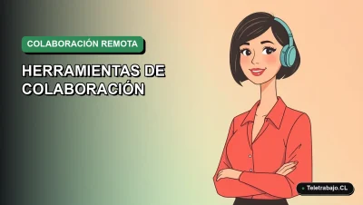 Ilustración vectorial plana de una trabajadora remota chilena sonriente, con fondo degradado verde y azul, representando herramientas de colaboración sostenible para equipos en 2026.