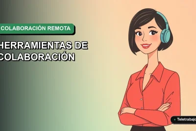 Ilustración vectorial plana de una trabajadora remota chilena sonriente, con fondo degradado verde y azul, representando herramientas de colaboración sostenible para equipos en 2026.