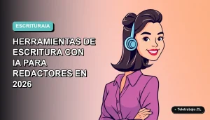 Ilustración plana vectorial de una redactora profesional moderna sonriente, con fondo degradado suave azul verdoso. Representa el uso de herramientas de IA para la escritura.