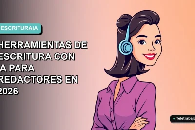 Ilustración plana vectorial de una redactora profesional moderna sonriente, con fondo degradado suave azul verdoso. Representa el uso de herramientas de IA para la escritura.