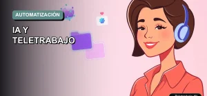 Ilustración vectorial plana de estilo premium que muestra una mujer profesional de teletrabajo junto a elementos abstractos de inteligencia artificial, sobre un fondo degradado suave.