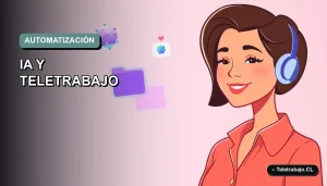 Ilustración vectorial plana de estilo premium que muestra una mujer profesional de teletrabajo junto a elementos abstractos de inteligencia artificial, sobre un fondo degradado suave.