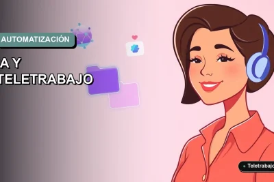 Ilustración vectorial plana de estilo premium que muestra una mujer profesional de teletrabajo junto a elementos abstractos de inteligencia artificial, sobre un fondo degradado suave.