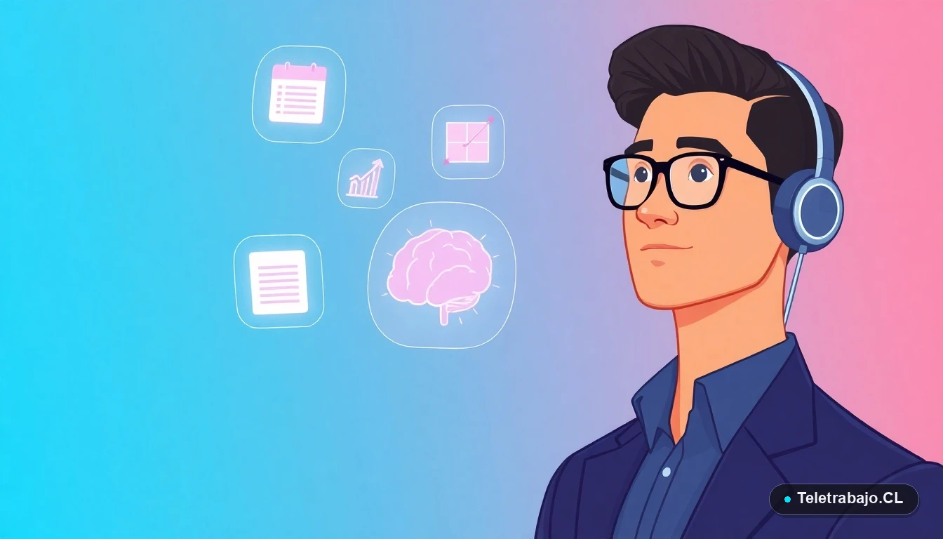 Profesional chileno utilizando herramientas de inteligencia artificial para aumentar su productividad laboral en un entorno digital moderno.