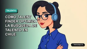 Ilustración plana vectorial de una mujer profesional chilena con blusa azul y lentes, representando el talento tech remoto, sobre fondo degradado verde azulado.