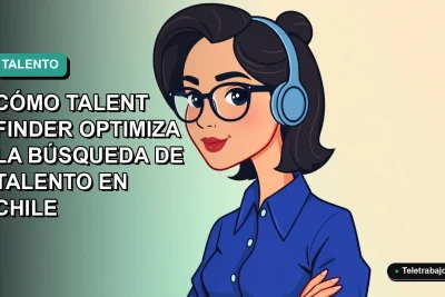 Ilustración plana vectorial de una mujer profesional chilena con blusa azul y lentes, representando el talento tech remoto, sobre fondo degradado verde azulado.
