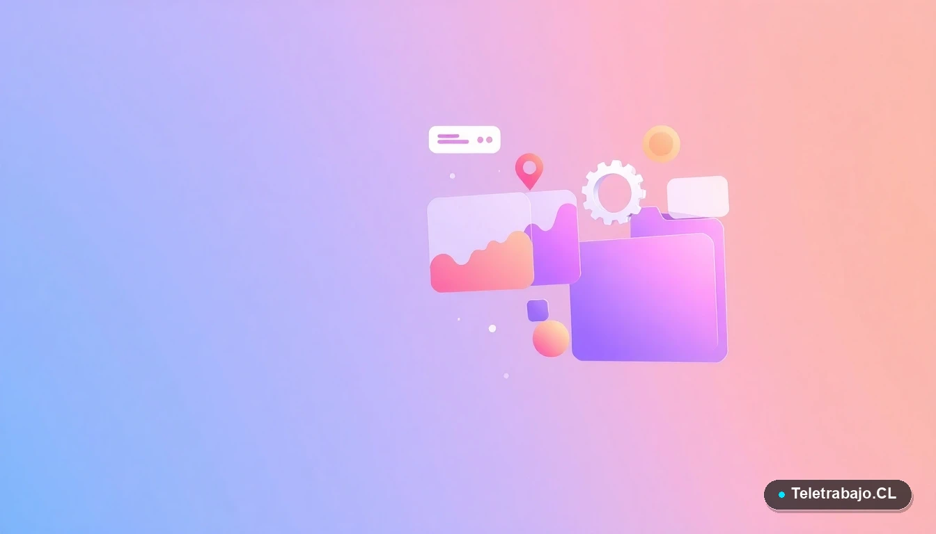 Interfaz de usuario abstracta con gráficos flotantes y engranajes estilizados, representando la tecnología de reclutamiento inteligente de Talent Finder, sobre fondo degradado.