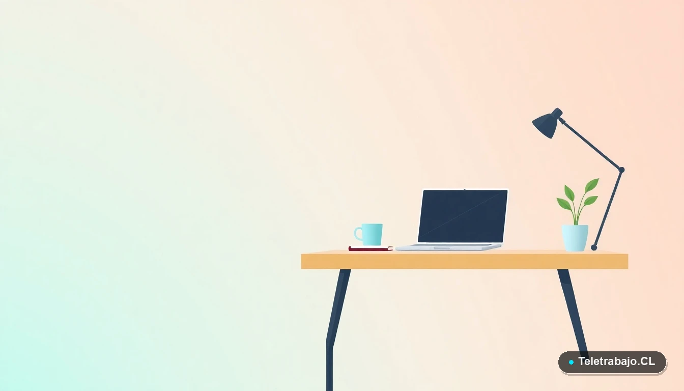 Escritorio moderno minimalista para teletrabajo con laptop, café y planta, ilustrado en estilo vectorial plano sobre fondo degradado azul verdoso.