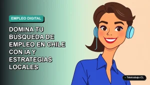 Ilustración plana de una mujer profesional chilena sonriente, con blusa azul y corte de pelo moderno, sobre un fondo degradado suave. Representa el uso de herramientas digitales e IA para buscar trabajo en 2026.