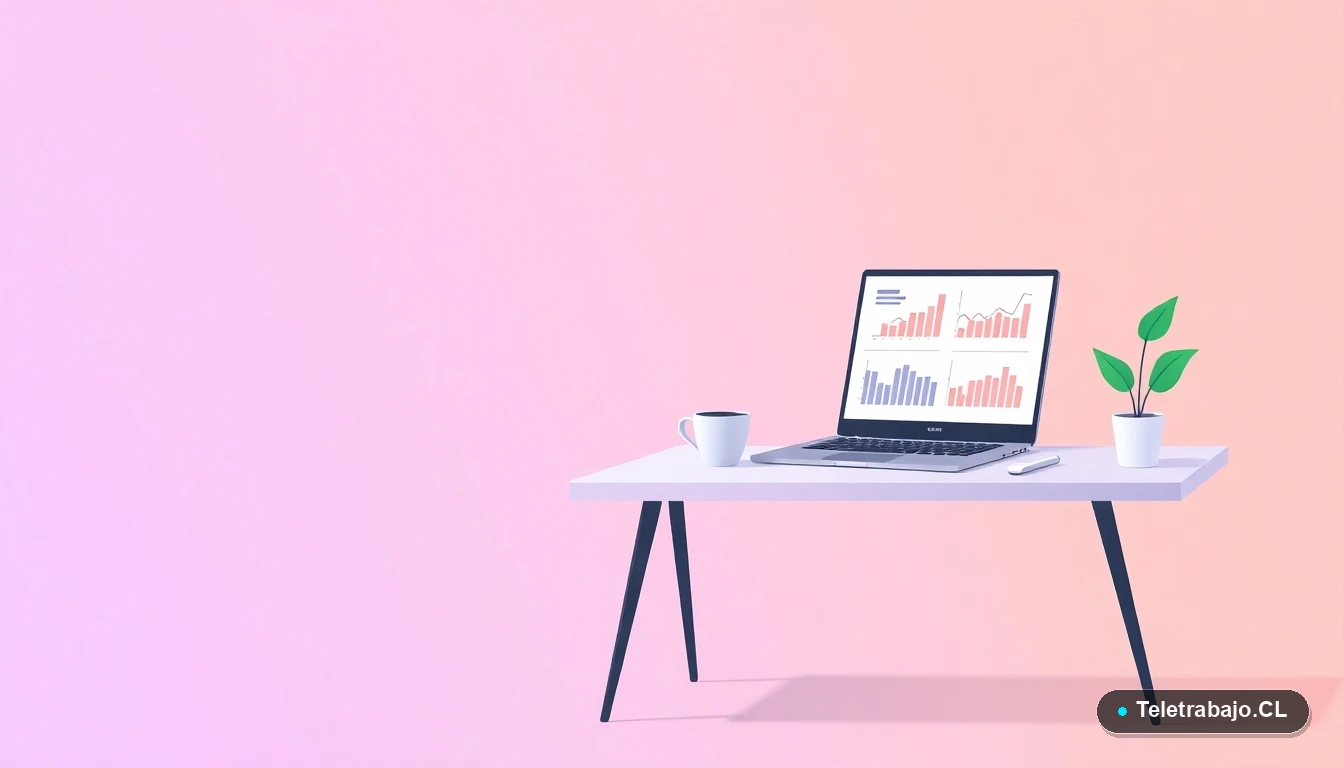 Escritorio moderno minimalista con laptop, taza de café y planta, sobre fondo degradado lavanda. Representa un espacio de trabajo optimizado con herramientas digitales para la búsqueda de empleo.