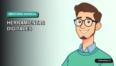 Ilustración vectorial plana moderna de un trabajador remoto masculino en Chile, representando la mentoría inversa y la colaboración digital efectiva.