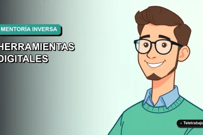 Ilustración vectorial plana moderna de un trabajador remoto masculino en Chile, representando la mentoría inversa y la colaboración digital efectiva.