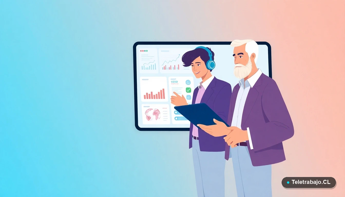 Ilustración plana de equipo multigeneracional chileno usando herramientas digitales para mentoría inversa.